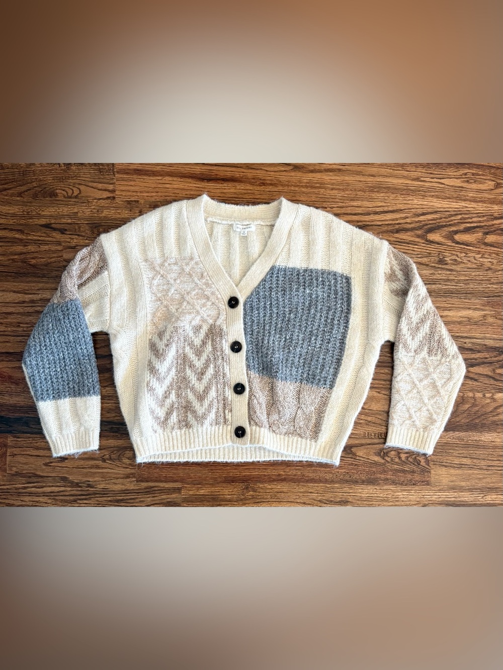 Blu Pepper women’s block sweater cardigan, ivory/cream, brown & gray, small NWOT